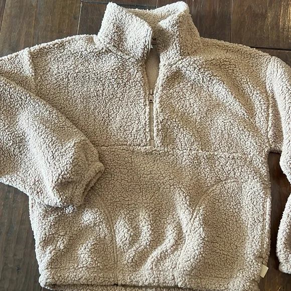 Hollister Gilly Hicks Cozy Fleece Sherpa 1/2 Zip Matching Shorts W/ Pockets Tan - Picture 3 of 6